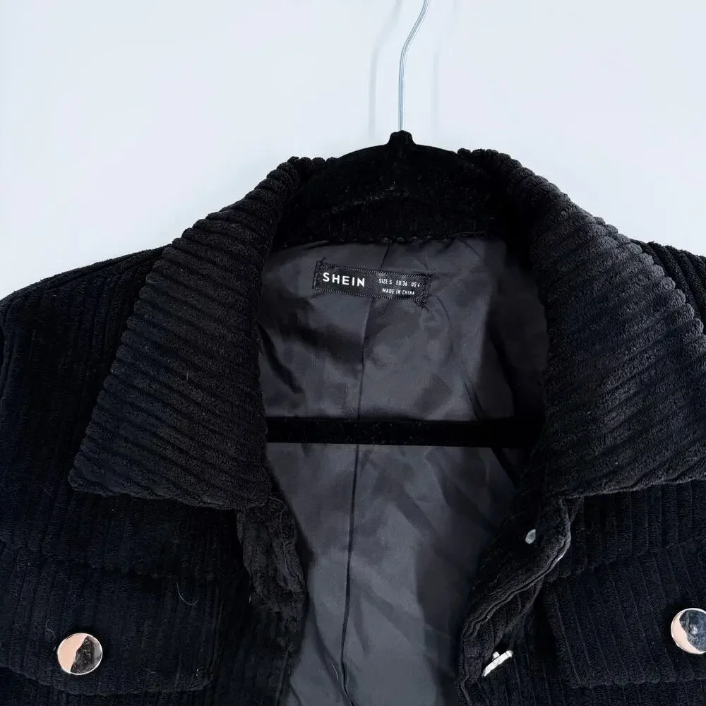 Women’s Cropped Black Corduroy Snap Button Jacket Structured Fit Size Small